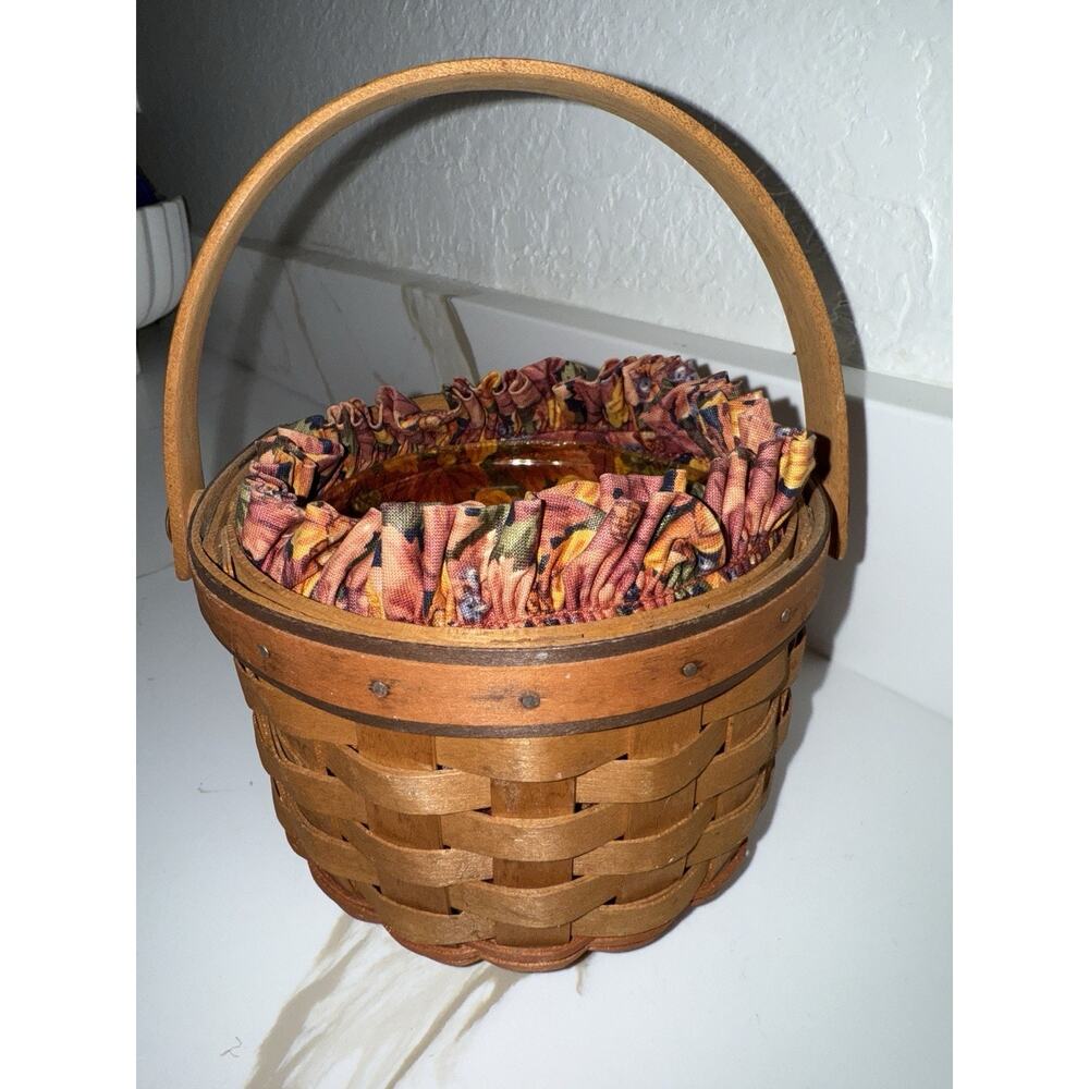 Longaberger 1997 Pumpkin Fall Foliage Basket Plastic & Fall Foliage Liner 7.5x5”